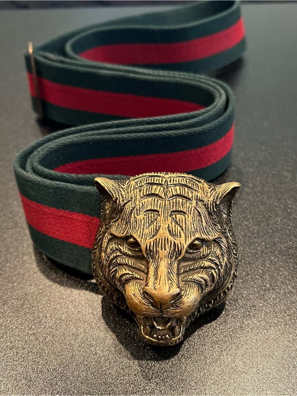 Gucci Green and Red Web Belt with Brass Tiger Head Buckle